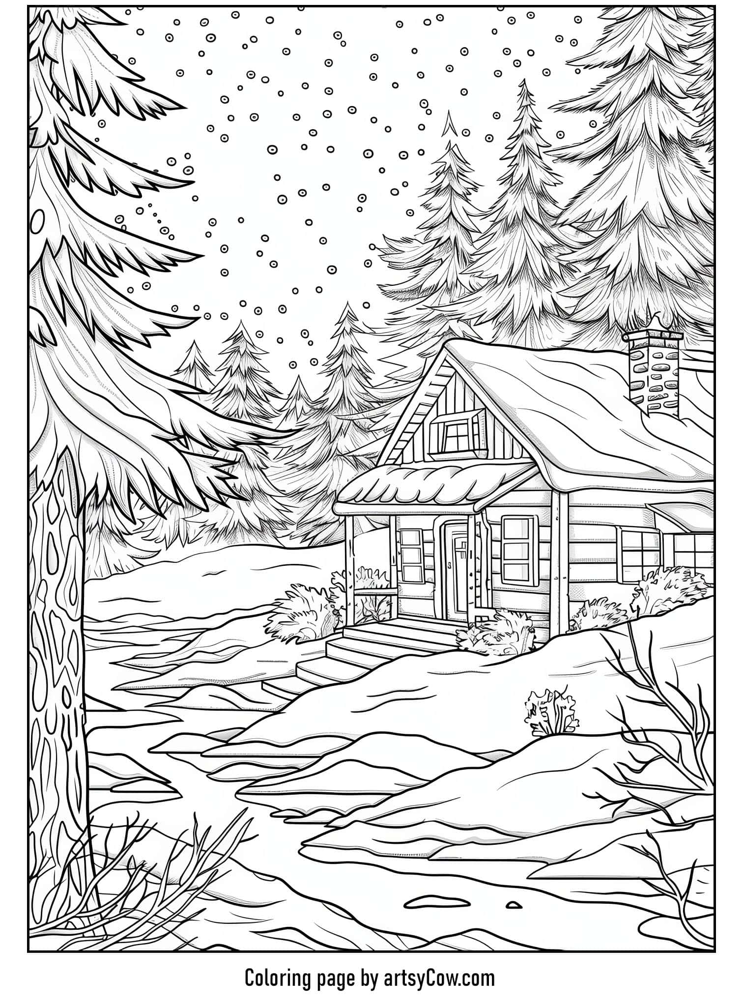 a detailed winter scene with a cozy cabin surrounded by snowy trees